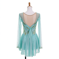 Robe de patinage artistique vert menthe pour enfants et adultes, col rond, manches longues en maille, dos en V orné de strass, pour compétition et spectacle