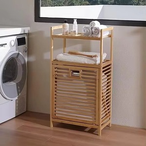 Bamboo Laundry <b>Storage</b> <b>Basket</b> <b>With</b> <b>Shelf</b> For Laundry Room Natural Color Rectangle Standing Type Clothing Organizer - Product Image 1