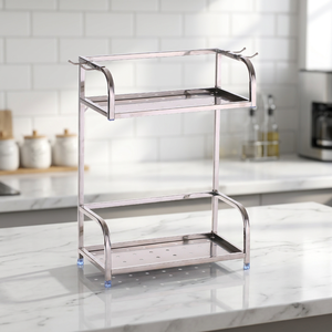 AK Brass Metal Floor/Wall Shelve With 2 Tiers Hole Design & Top <b>Hooks</b> Utility Shelve In Silver Finished For Office & Room Decor - Product Image 2
