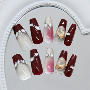 Uñ<span class=keywords><strong>as</strong></span> Postizas Coffin Nails en Degradado Borgoña y Dorado, Hechas a Máquina en ABS, 24 Piezas, Uñ<span class=keywords><strong>as</strong></span> Francesas con Lazo para Mujer - Product Image 4