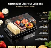 Boîte à pâtisserie rectangulaire transparente en PET avec base noire, conteneur en plastique jetable à dôme pour gâteau roulé, mousse, tiramisu, pâtisserie