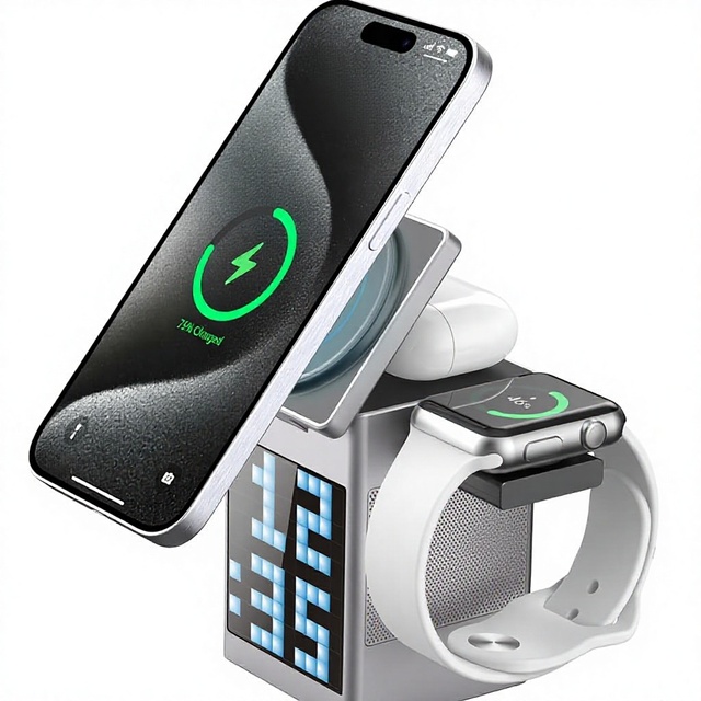 Plastic Wireless Charging Station Pixel Speaker Alarm Clock 15W Fast Wireless Charger Magnetic Protection for iPhone 15/14/13/12