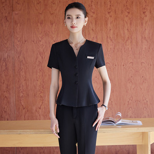Women's V-Neck Suit Set Short Sleeve Anti-Wrinkle Office Lady Workwear Summer Professional Skirt Length Short - Product Image 2