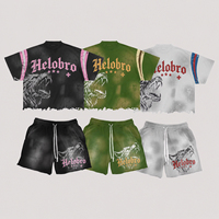Ensembles de tenues Helobro personnalisés avec ourlet délavé, logo graphique de marque imprimé, ensemble short et t-shirt en coton délavé à l'acide