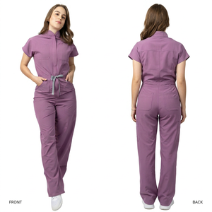 Women Purple Scrub <b>Jumpsuit</b> <b>With</b> Cargo <b>Pockets</b> Hospital Uniform <b>Wide</b> <b>Leg</b> One Piece Nursing Workwear - Product Image 1