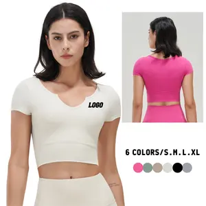 LULU High Quality Ladies Short-Sleeved Plain Compression V-neck Padded Crop Tops T Shirt For Women