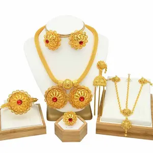 Indian Bridal 6PCS Jewelry Sets For Women Wedding 24K Gold Plated Earrings Ring Bracelet Hairpin