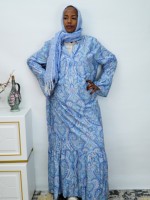 Robe longue ample bleue à motif cachemire, col cranté, manches longues, jupe à volants, robe longue modeste pour femme, tenue quotidienne musulmane, personnalisable OEM