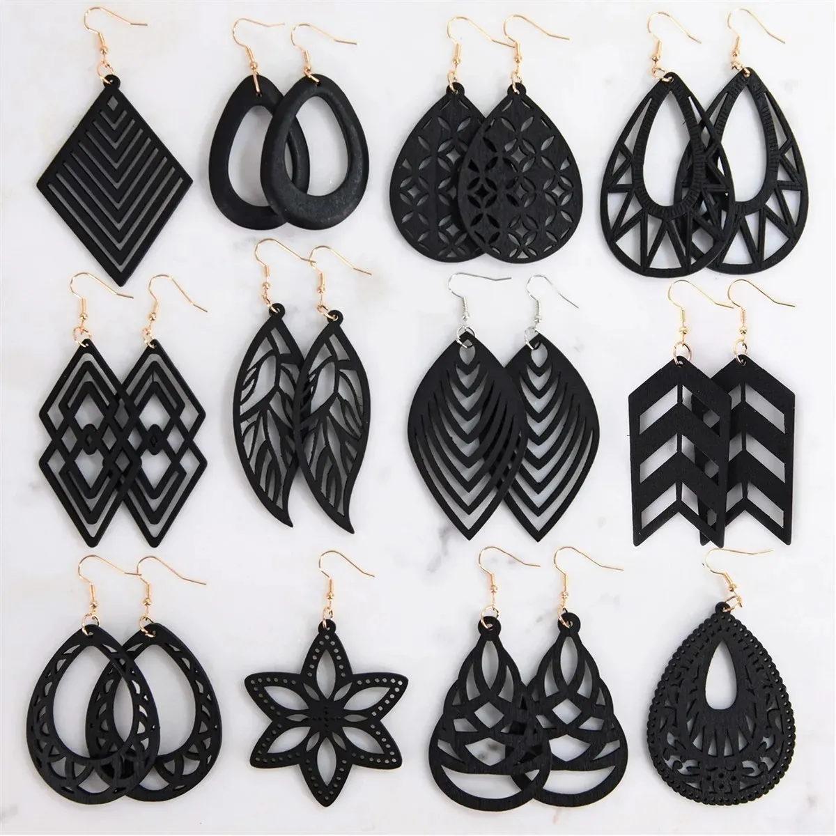 Custom fashion hollow pendant earrings jewelry black wooden earrings