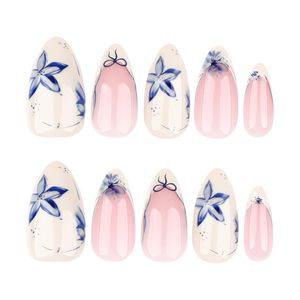 <span class=keywords><strong>Uñas</strong></span> Acrílicas Francesas <span class=keywords><strong>Cortas</strong></span>, Diseño de Pétalos Florales Azules, Punta Almendrada, <span class=keywords><strong>Color</strong></span> <span class=keywords><strong>Beige</strong></span> Nude, Acabado Brillante, Reutilizables, Adhesivas, para Mujer, 24 Unidades - Product Image 3