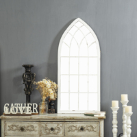 Miroir pleine longueur rustique en bois, style gothique cathédrale, avec cadre en arche, pour décoration rétro, à poser au sol ou à suspendre au mur, idéal pour jardin ou dressing.