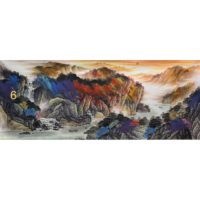 Peinture de paysage chinois traditionnelle à couleurs intenses, peinte à la main, sur papier Xuan, 367x144cm, sur grande échelle, Montagnes majestueuses éternelles