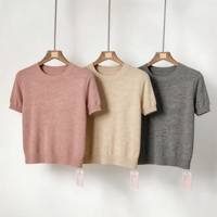 Pull en maille mélange de laine à col rond et manches courtes pour femme, couleur unie, ourlet côtelé, coupe ajustée, décontracté, basique, pour le bureau, marque privée