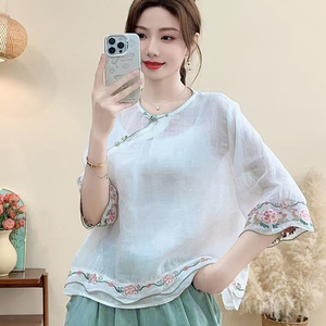 Traditional Chinese Embroidered Cotton Linen Top Women Loose Three Quarter Sleeve White Pink Yellow Purple JK346 - Product Image 1