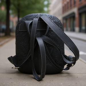 Fana Karolina <b>Black</b> Chiseled Cowhide <b>Backpack</b> 5L Unisex Daily Use Arcuate Shoulder Strap - Product Image 2