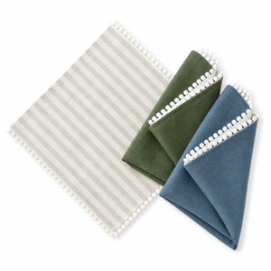 Serviettes en coton carrées, teintes unies, avec bordure pompon, pour la décoration de table, usage domestique, lavables en machine, style simple fait main - Product Image 1