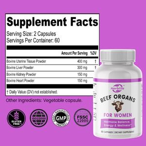 Cápsulas de Órganos de Res Alimentada con Pasto, Marca Privada OEM, Suplemento para Mujeres, Corazón, Riñón y Hígado de Res, Apoya el Equilibrio Hormonal - Product Image 2