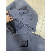 Sweat-shirt à capuche surdimensionné pour homme, personnalisé avec logo, effet vieilli, déchiré, court, épaules tombantes, style vintage, lavé, vente en gros