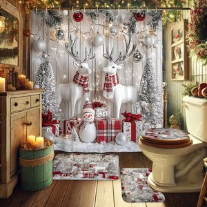 White Reindeer Plaid Snowman Polyester Shower <b>Curtain</b> <b>Bathroom</b> <b>Curtain</b> Digital Print Custom Print Waterproof Bulk Wholesale - Product Image 2