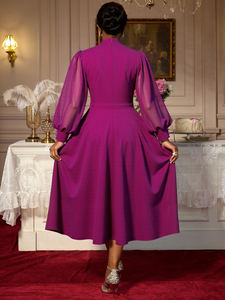 AM050651 elegante autunno con colletto rialzato ritagliato in Chiffon manica lunga lanterna a trapezio viola abito Casual <span class=keywords><strong>donna</strong></span> Plus Size formale - Product Image 3