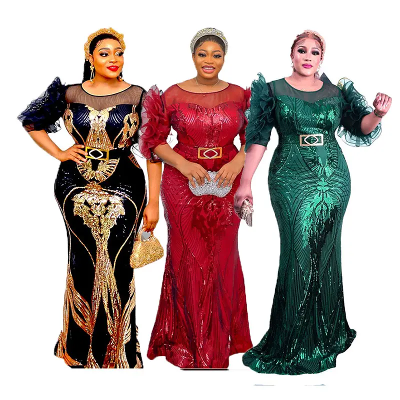 Glitter Payet Afrika Gaun Wanita Formal Plus Ukuran Gaun Pesta untuk Wanita Melar Bodycon Panjang Maxi Gaun Malam Makan Malam