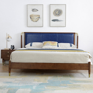 Cama de Madera Maciza de Estilo Nórdico de 1.8 m con Cabecera Tapizada Doble en Color Nogal, Muebles para Dormitorio - Product Image 3