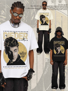 Herren <span class=keywords><strong>Justin</strong></span> Prince of Vintage Portrait Grafik-T-Shirt, 300GSM Schweres Doppel-Baumwollgewebe Kleiner Ausschnitt Übergroßes Musik-T-Shirt - Product Image 1