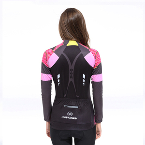 Ensemble de maillot de cyclisme à manches longues pour femme avec logo personnalisé, noir, rose, jaune, fermeture éclair intégrale, pantalon de vélo rembourré pour la pratique et l'entraînement - Product Image 4