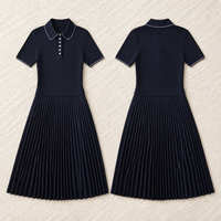 Robe Midi Femme Bleu Marine Col Polo Jupe Plissée Maille Côtelée Manche Courte Bord Contrasté Bureau OEM ODM Grossiste Usine B2B