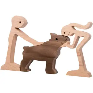 鸟木制狗猫家庭雕像手工木制装饰，可爱的小狗，小猫和人雕塑装饰收藏品雕像