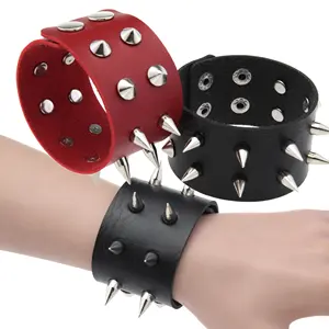 Punk Style Double Row Alloy Spike Leather Bracelet Rock Stainless Steel Buckle Bracelet