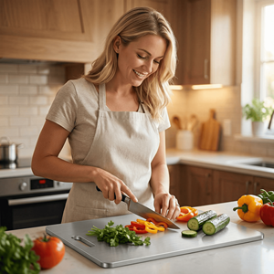 Planche à découper carrée en acier inoxydable, écologique, durable, épaisseur 1,0 mm, compatible lave-vaisselle, pour légumes, fruits et viande - Product Image 5