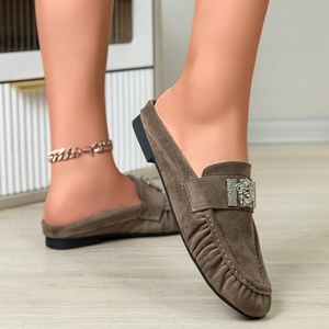 Ladies Comfortable Casual Flat Buckle All Seasons <strong>Taupe</strong> Suede Mules Metal Decor Slip-on <strong>Shoes</strong> - Product Image 3