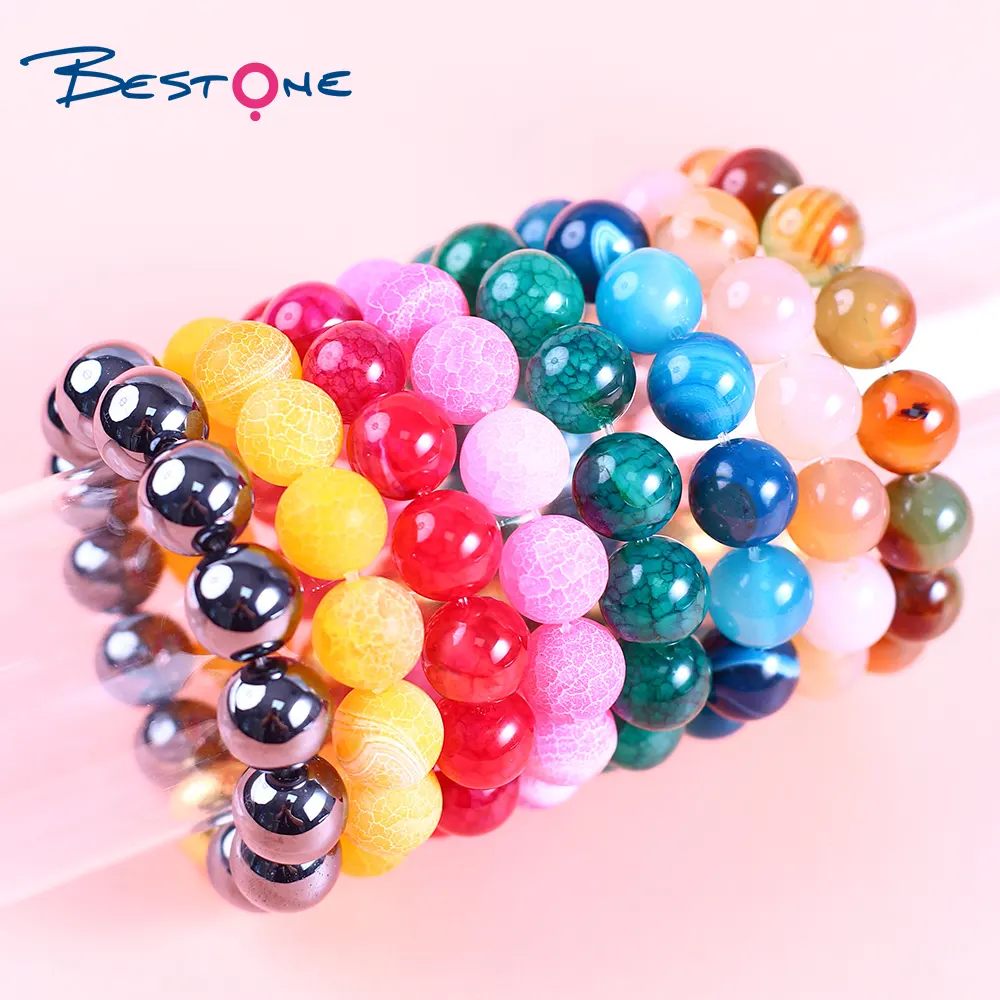 Bestone 14MM Colorful Fossil Agate Beads Lucky Bracelet Natural Canary Crackle Agate Stone Semi-precious Beads Fashion Bracelet