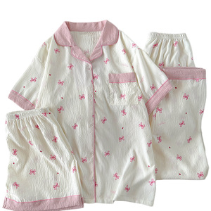 <span class=keywords><strong>Pigiama</strong></span> Estivo Casual in Raso per Ragazze, Set Tre Pezzi con Fiocco, Maniche Corte, Abbigliamento da Casa alla Moda - Product Image 5