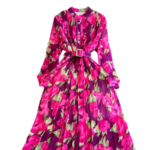 Retro Style Long Sleeved With Waistband and Slim A-line Printed Pleated Dress Elegant Large Hem Long Skirt - Product Image 1