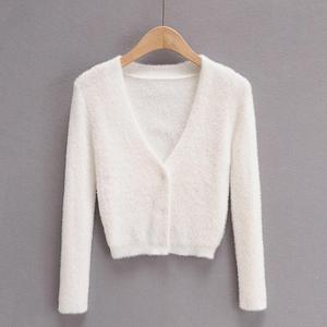 Bestseller Damen Crop-Top Pullover Herbst Langarm Slim Fit Gestrickte Knopfleiste Vorne Flauschige Strickjacke Damen Strickoberteil - Product Image 4