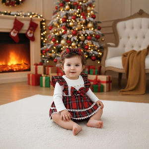 Conjunto de Dos Piezas de Vestido de Tirantes y Bolso de Punto para Niñas, Estilo Navideño a Cuadros, para Otoño e Invierno - Product Image 3