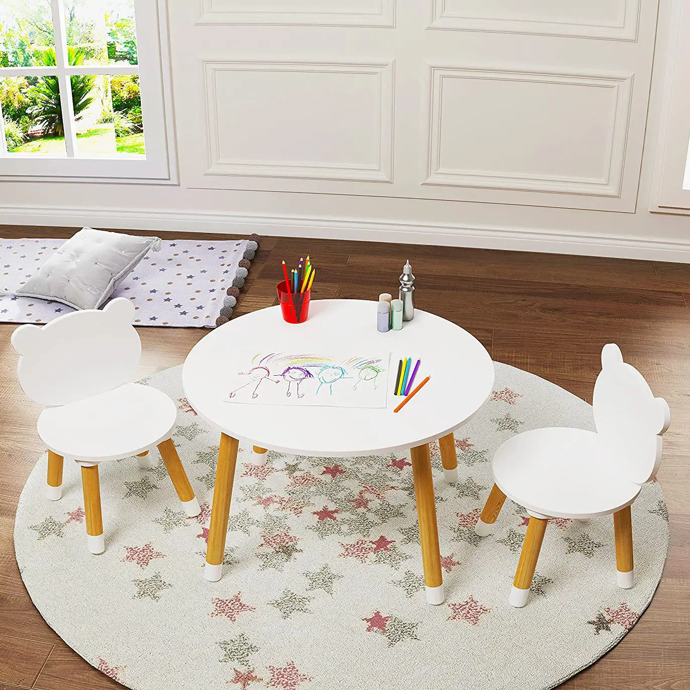 キッズウッドテーブルとチェアセットキッズプレイテーブル2チェア付き3ピースキッズラウンドテーブル幼児用ガールズボーイズホワイト