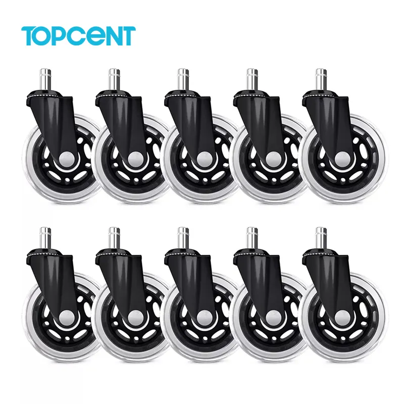 TOPCENT 3 inch 11/22 10/22 stem white roller polyurethane swivel office chair caster wheels for chair