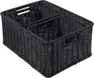 Large wicker basket braided plastic basket with double handles 3-piece storage basket set black