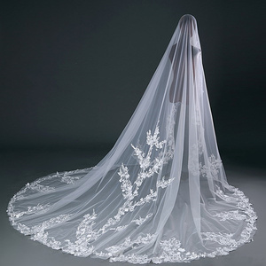लुओक्सिन वेडिंग ब्राइडल घूंघट लंबी लेस एज फूल कंघी के साथ शानदार एप्लिक कैथेड्रल लंबाई - Product Image 6