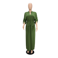 9860 Gaun Musim Panas Trendi Wanita Kasual Lengan Setengah V Neck Kerah Tegak Belahan Samping Gaun Maxi Formal Kantor Kerja