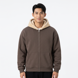 เสื้อฮู้ดดี้ทรงบ็อกซี่แบบวินเทจสำหรับผู้ชาย ผ้าเทอร์รี่หนานุ่มบุขนเชอร์ปา ทรงโอเวอร์ไซส์ สไตล์สตรีทแวร์ รับสกรีนโลโก้ - Product Image 5