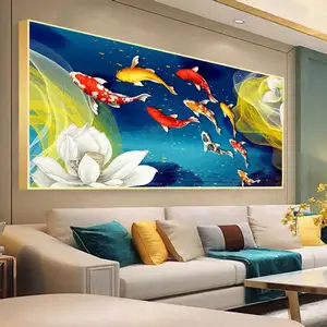 Living room bedroom bedside wall art glass luxury 5d crystal porcelain goldleaf koi fish painting dinning