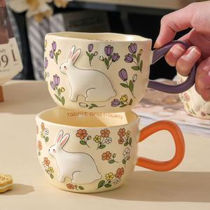 Cute Embossed Rabbit and Flower Ceramic Coffee Cup <b>Easter</b> Bunny Gift <b>Mug</b> - Product Image 1