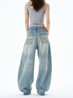 Celana Jeans Wanita Model Kaki Lengkung Vintage Monkey Washed Lebar Longgar High Waist Denim Streetwear Grosir