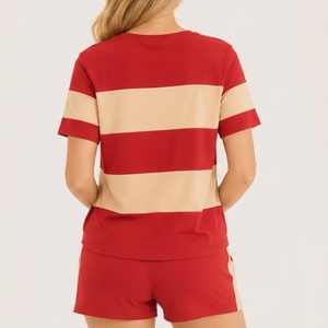 Ensemble décontracté deux pièces pour femme, couleur contrastante, coupe classique, t-shirt à manches courtes et short, vêtements amples pour femme - Product Image 4