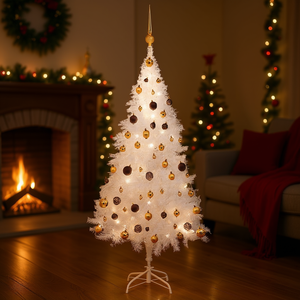 Árbol de Navidad artificial de PVC blanco de 59.1 pulgadas, preiluminado con luces LED blancas cálidas y adornos de bolas, árbol de pie para interiores. - Product Image 2