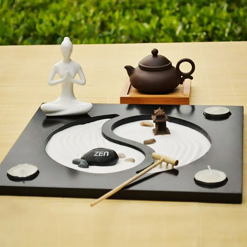 Toptan Jardin masaüstü Mini Zen kum bahçe Yoga Feng Shui mumluk ile